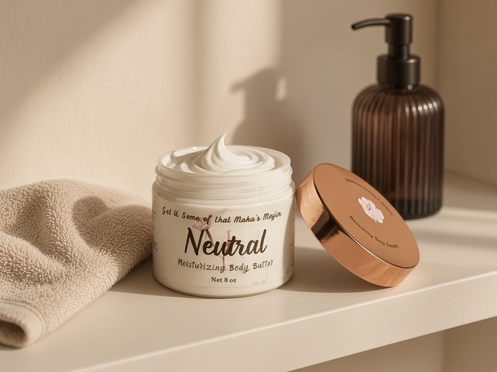 Neutral Body Butter jar on a bathroom shelf beside a folded towel and amber soap dispenser