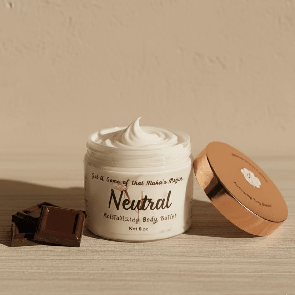 Open jar of Neutral Body Butter with chocolate pieces beside it on a warm background