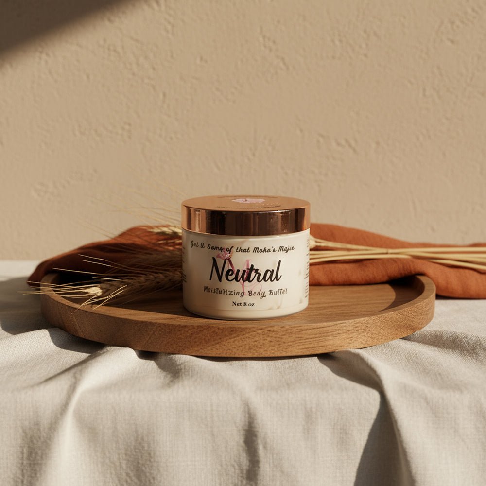 Neutral Body Butter jar on a wooden tray in warm light