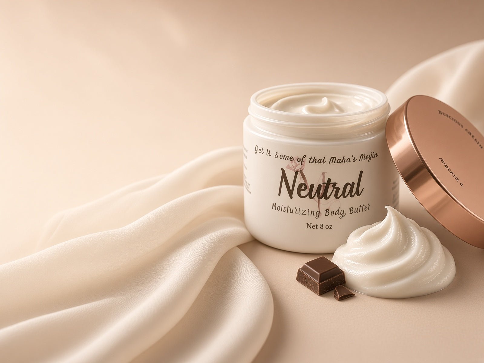 Neutral Body Butter jar on cream silk fabric with a chocolate piece and butter dollop