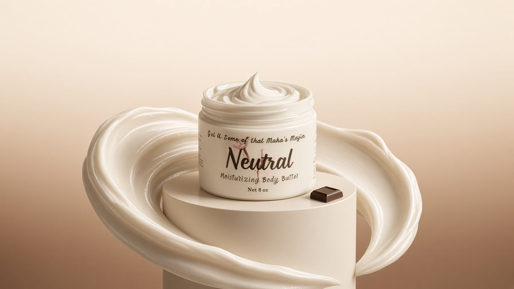 Neutral Body Butter jar centered on a white pedestal surrounded by flowing cream butter swirls