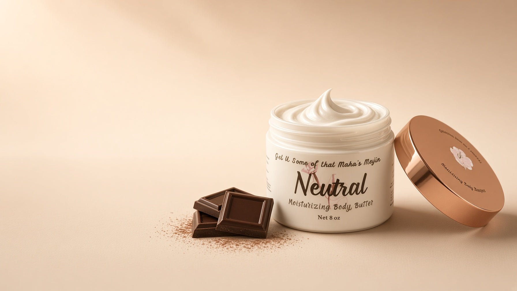 Neutral Body Butter jar with chocolate pieces and cocoa powder on a warm cream background